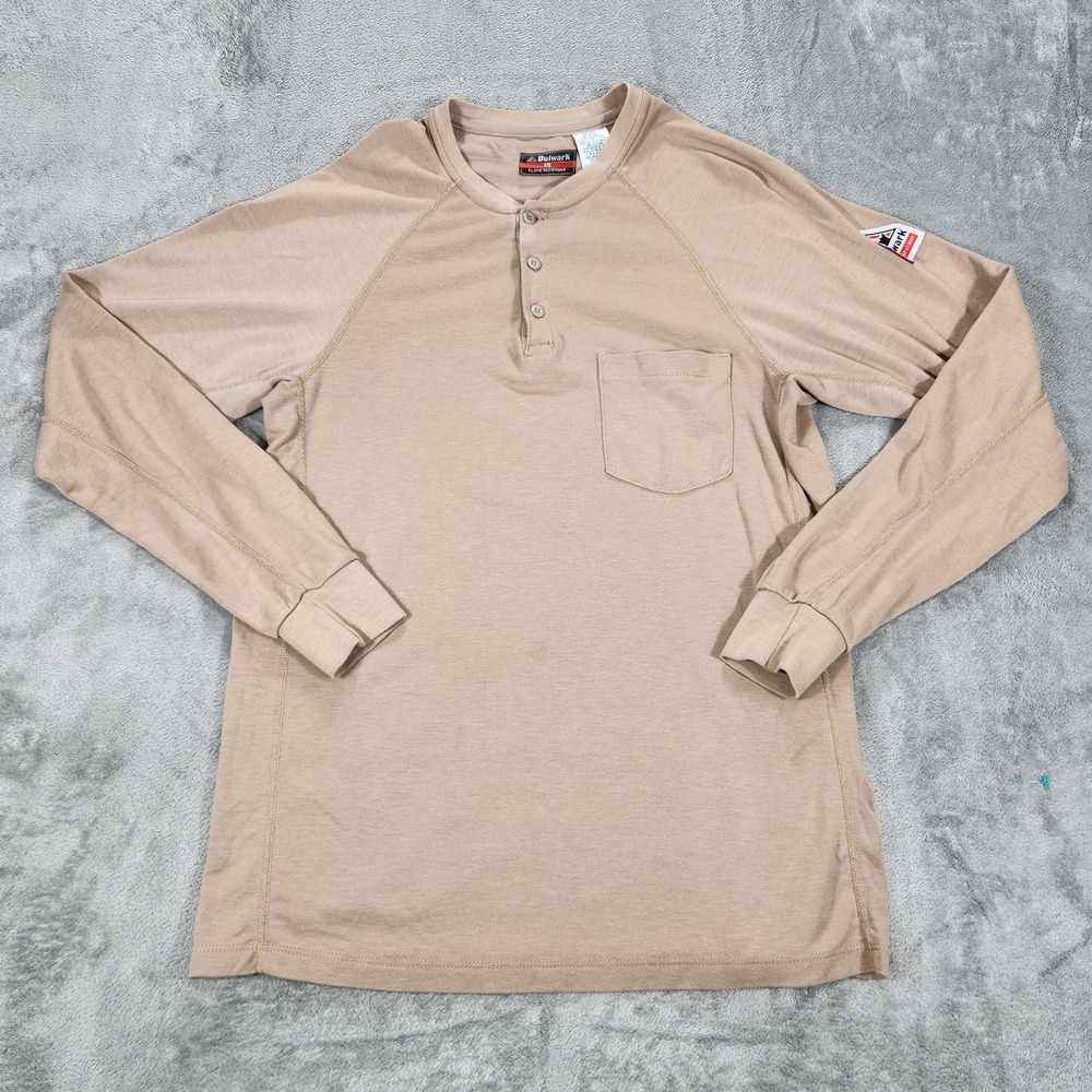 Bulwark FR Shirt Mens Medium Beige Long Sleeve Henley CAT 2 Flame Resistant
